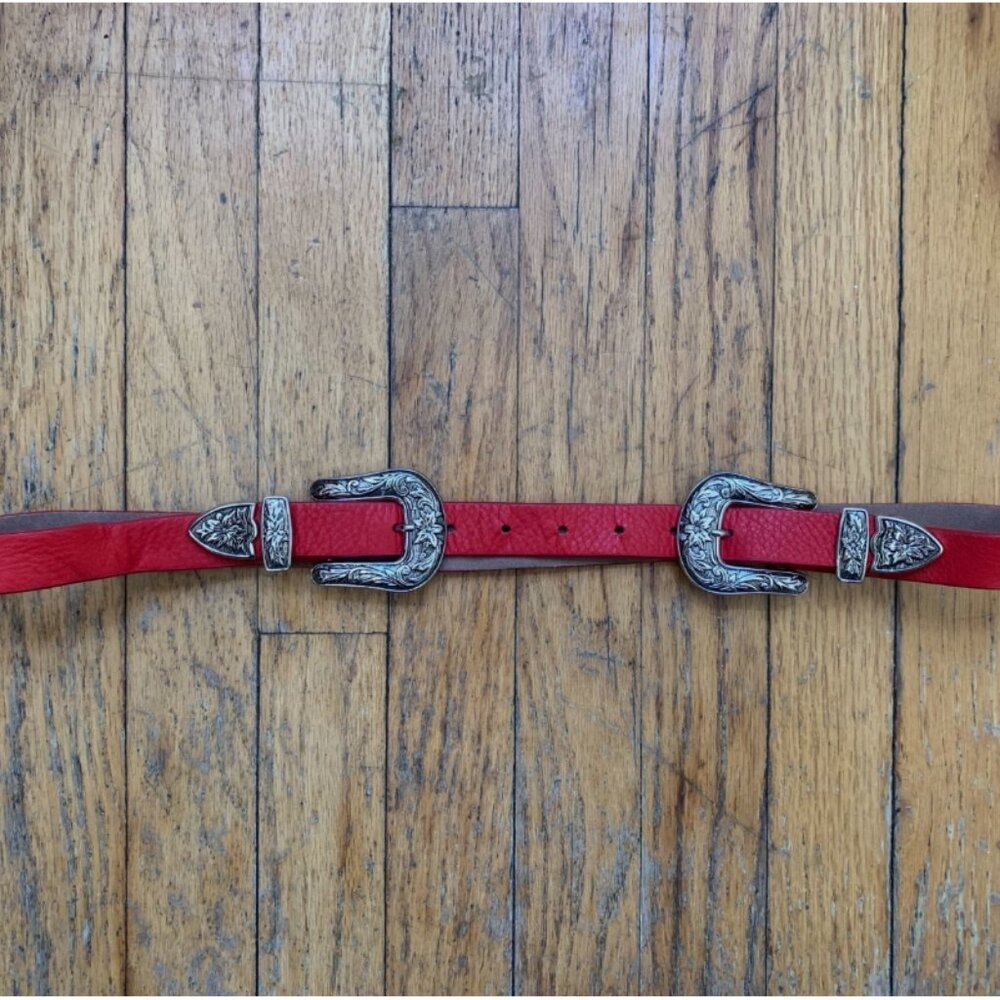 B-Low The Belt Bri Bri Red Leather Silver Western Style Double Silver Buckle - Picture 2 of 4